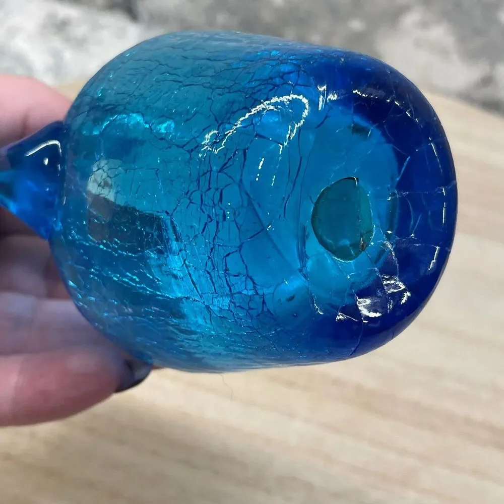 Vintage MCM Cobalt Blue Crackle Glass Mini Pitcher Hand Blown Art Glass 4.5